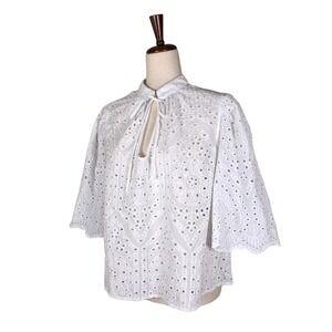 H&M Eyelet Blouse Size L White Peasant Bell Sleeves Victorian Regency Boho
